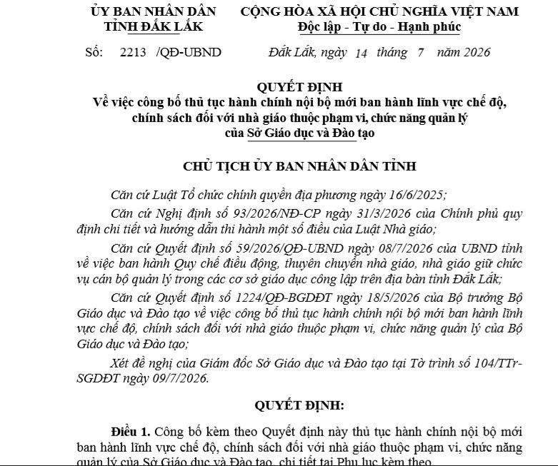 Quyết định về việc công bố thủ tục hành chính nội bộ mới ban hành lĩnh vực chế độ, chính sách đối với nhà giáo thuộc phạm vi, chức năng quản lý của Sở Giáo dục và Đào tạo