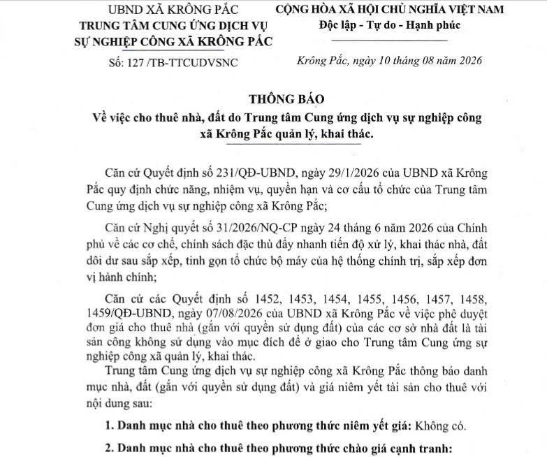 Thông báo về việc cho thuê nhà, đất do Trung tâm cung ứng dịch vụ sự nghiệp công xã Krông Pắc quản lý, khai thác