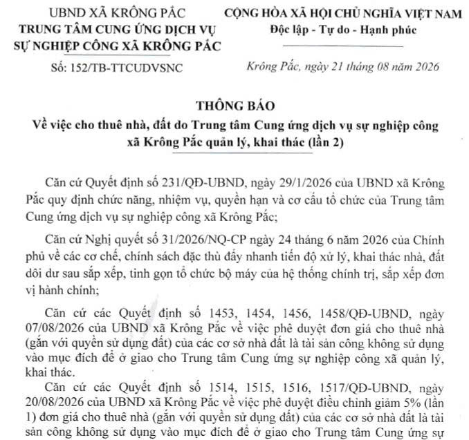 Thông báo về việc cho thuê nhà, đất do Trung tâm cung ứng dịch vụ sự nghiệp công xã Krông Pắc quản lý, khai thác (lần 2)