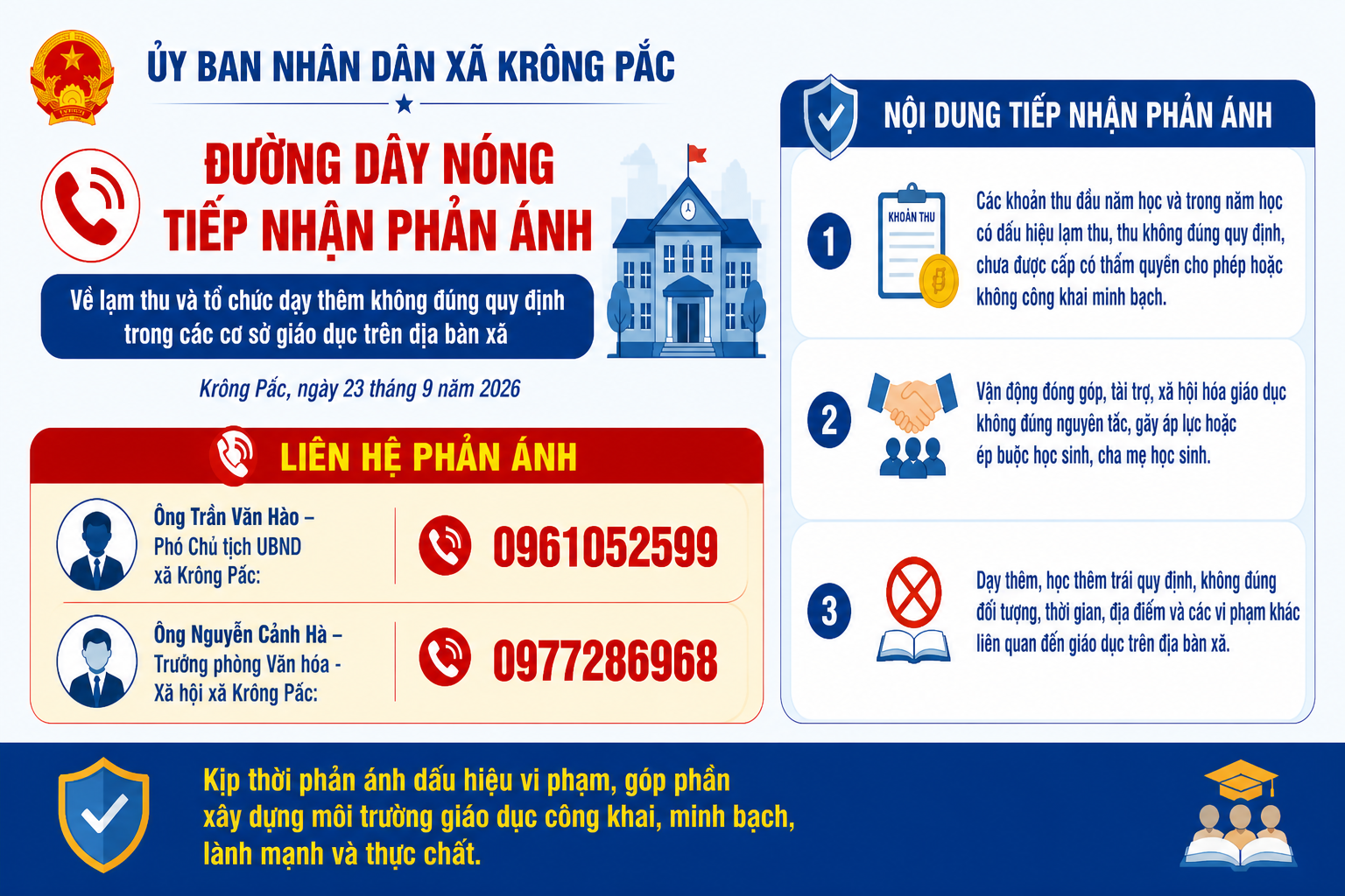 Thông báo về việc công khai đường dây nóng tiếp nhận phản ánh về lạm thu, tổ chức dạy thêm không đúng quy định trong các cơ sở giáo dục trên địa bàn xã