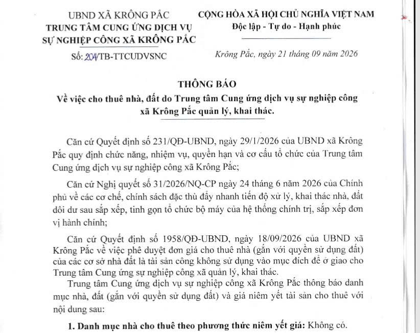 Thông báo về việc cho thuê nhà, đất do Trung tâm cung ứng dịch vụ sự nghiệp công xã Krông Pắc quản lý, khai thác